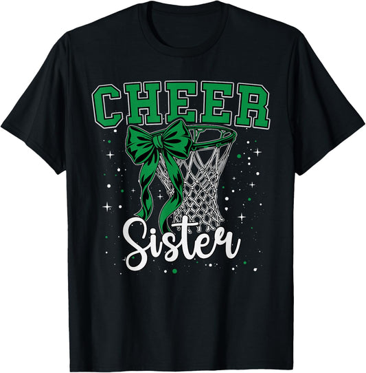 Cheer Sister Basketball Bow Cheerleader Cheerleading Green T-Shirt - T-Shirt | Black