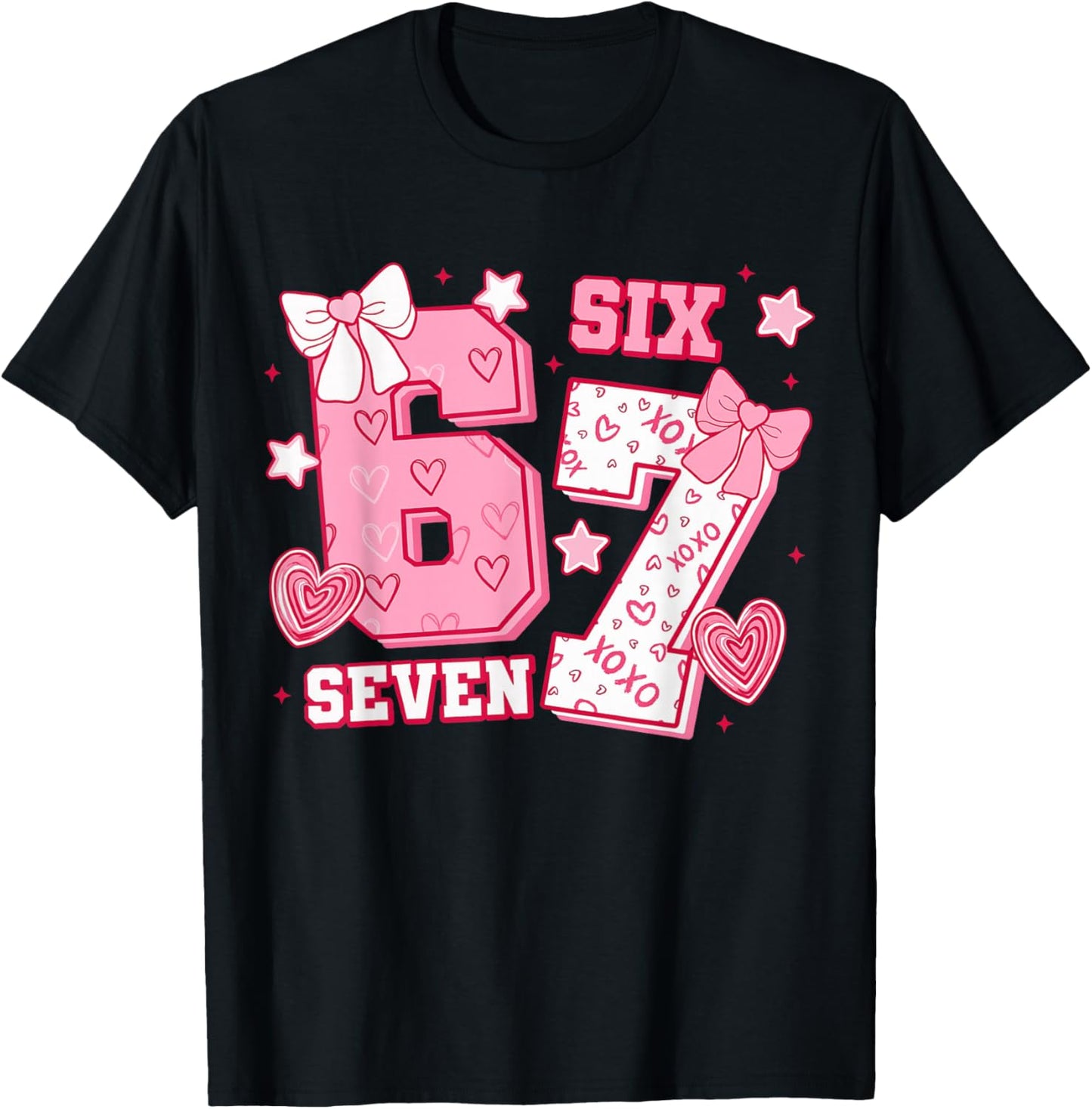 Pink Coquette Bow 67 Six Seven Meme Valentines Day T-Shirt - T-Shirt | Black