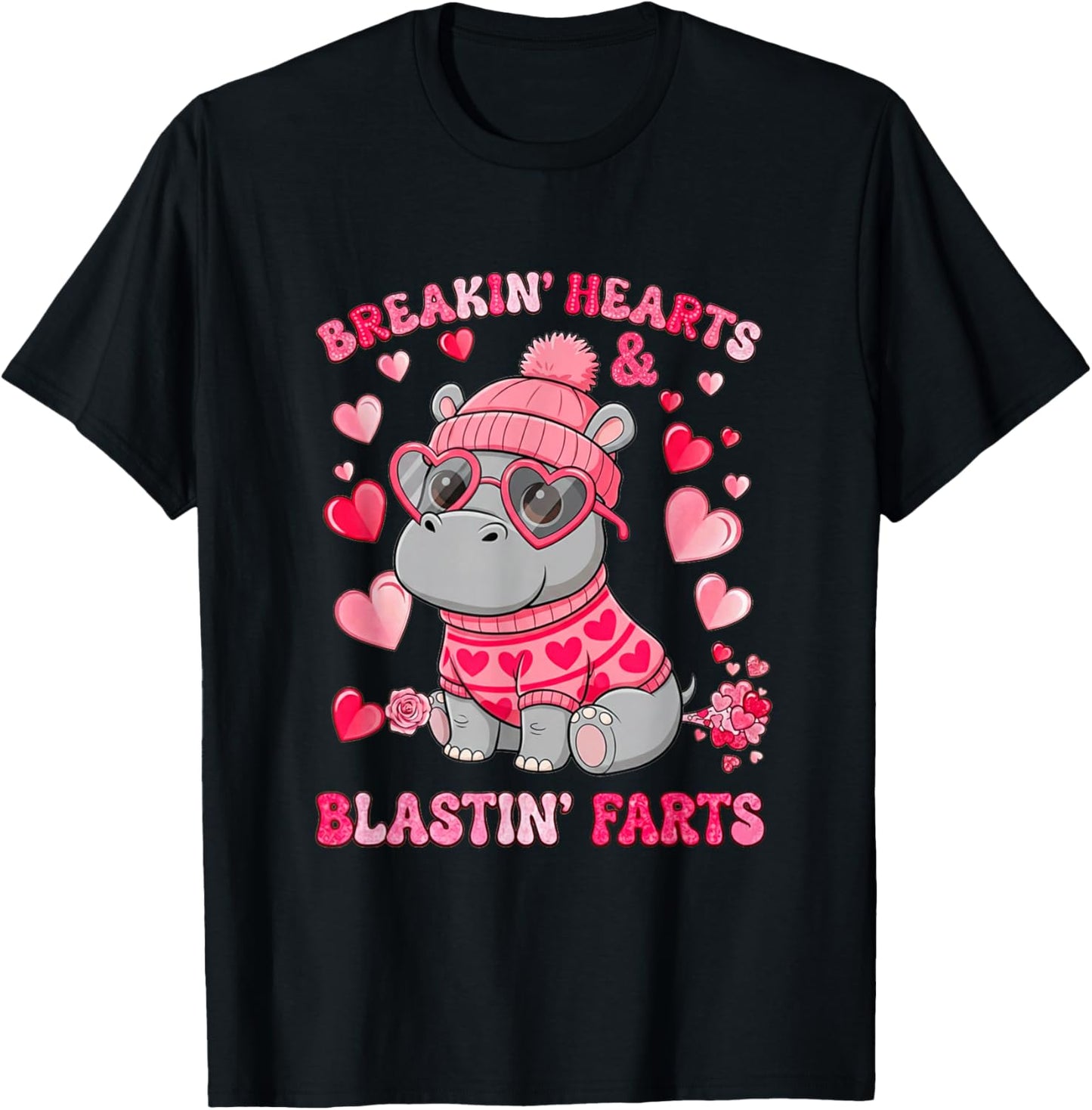 Funny Hippo Breaking Hearts Blasting Farts Valentines Day T-Shirt - T-Shirt | Black