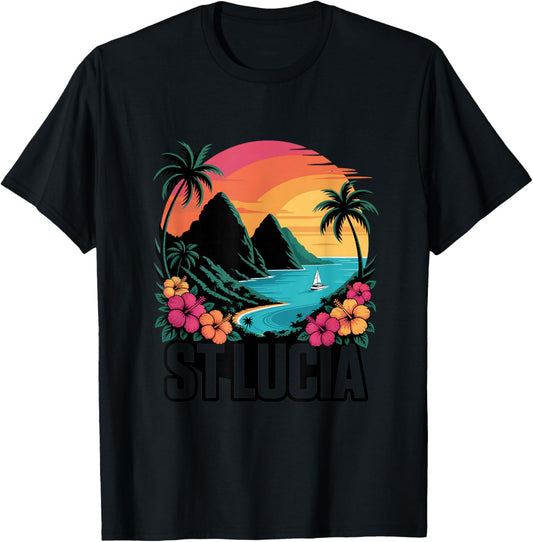 St Lucia Tropical Beach Sunset with Pitons, Palm Trees T-Shirt - T-Shirt | Black