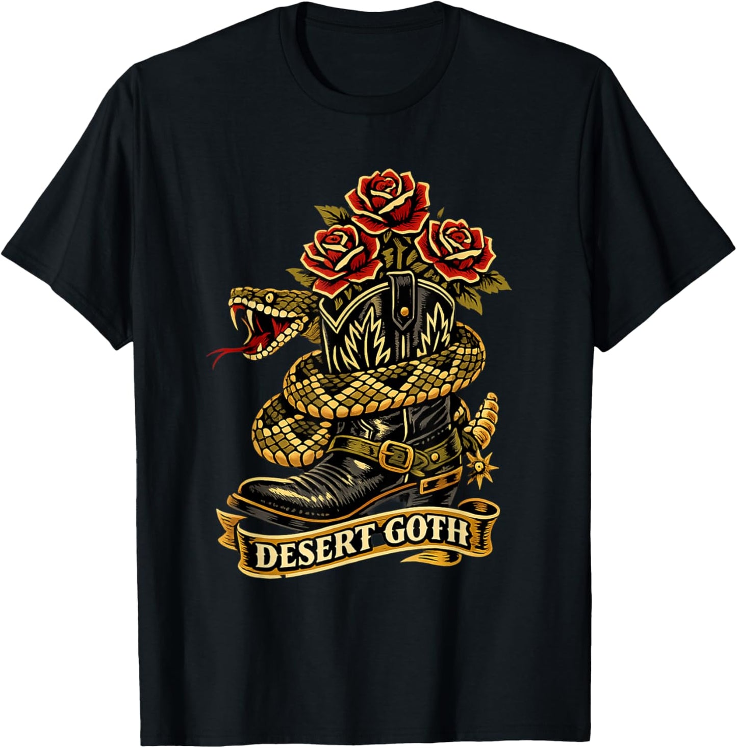 Desert Goth Traditional Tattoo Flash Boot Rattlesnake Roses T-Shirt - T-Shirt | Black