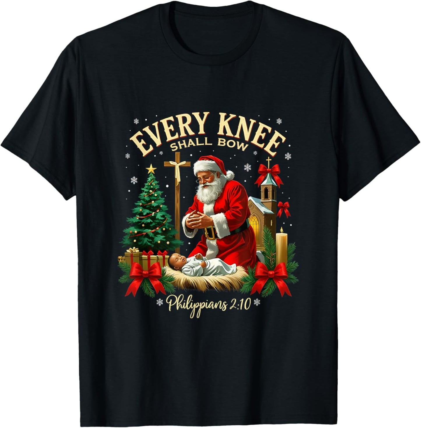 Santa Christmas Nativity Scene Xmas Every Knee Shall Bow T-Shirt - T-Shirt | Black