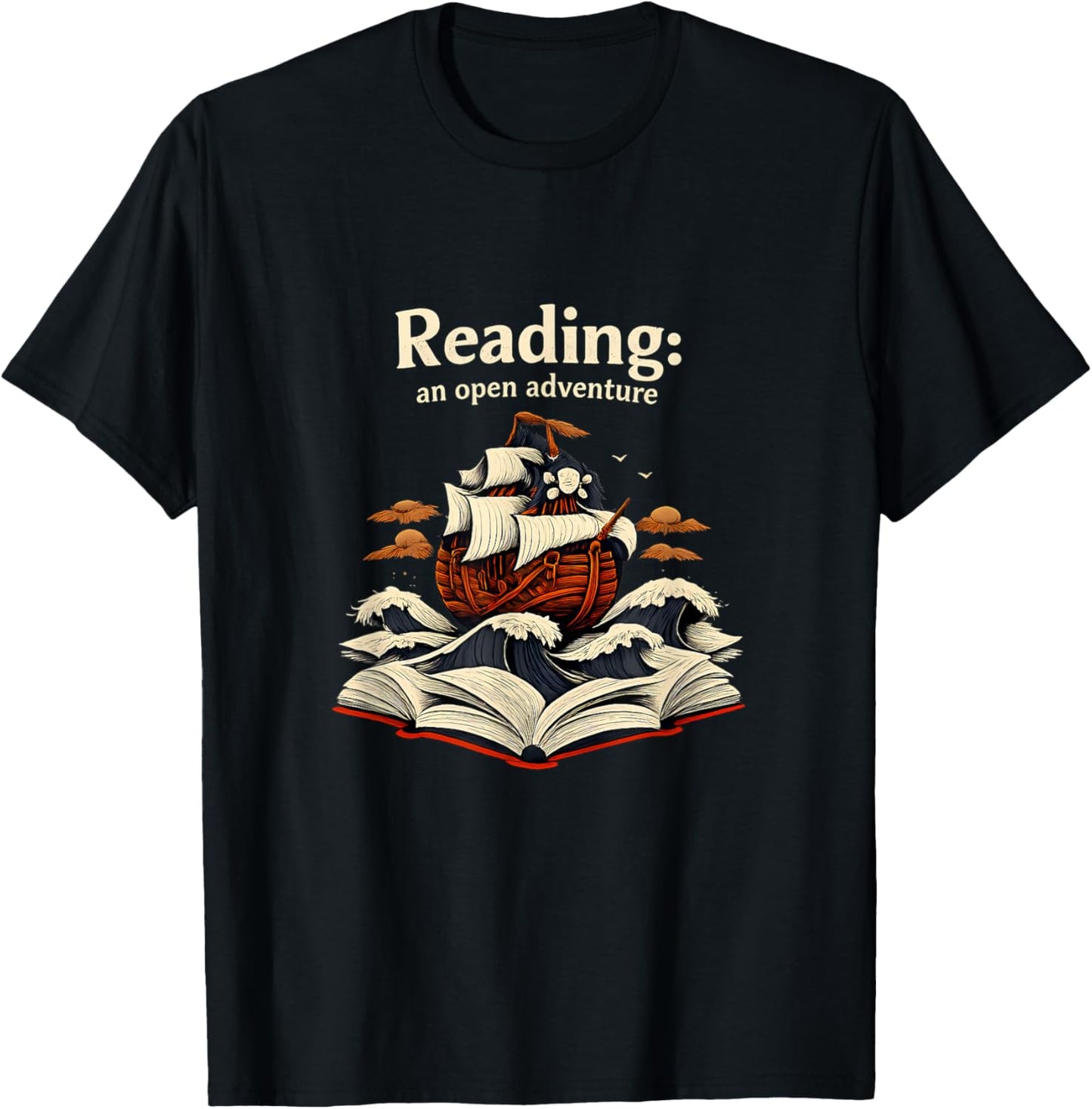 Reading an Open Adventure Pirate Ship Book Lover Art T-Shirt - T-Shirt | Black