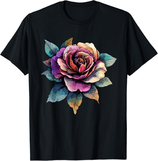 Colorful Vintage Rose with Botanical Leaves T-Shirt - T-Shirt | Black