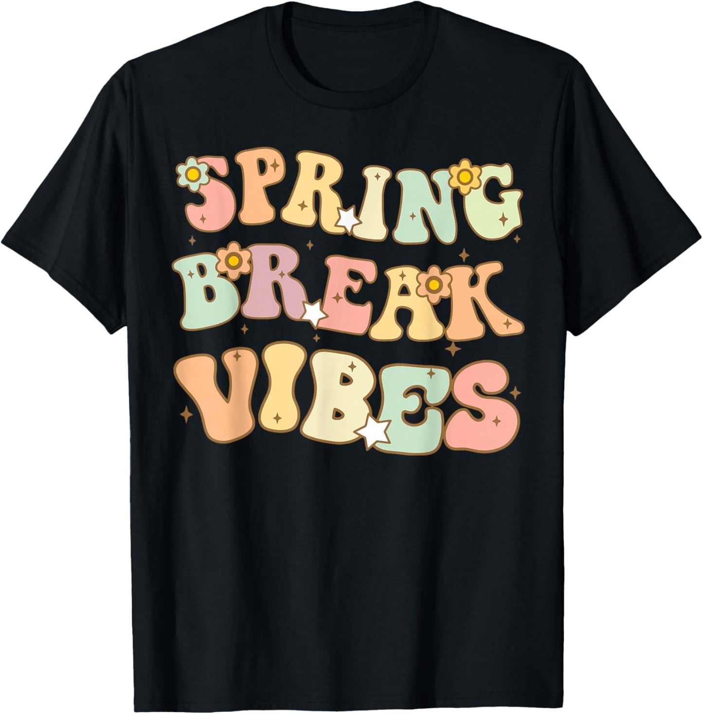 Spring Break Vibes Funny Teacher Groovy Floral Vacation T-Shirt - T-Shirt | Black