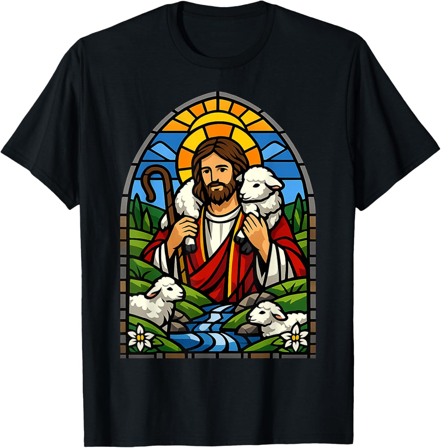 Stained Glass Jesus Shepherd with Lambs Christian Art Design T-Shirt - T-Shirt | Black