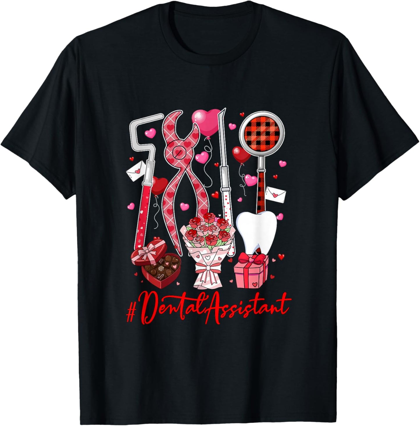 Dental Assistant Tools Hearts Flowers Valentine's Day Single T-Shirt - T-Shirt | Black