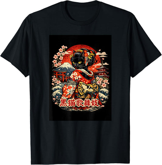 Japanese Black Cat Kabuki Kimono Ukiyo-e Style Cherry Pagoda T-Shirt - T-Shirt | Black