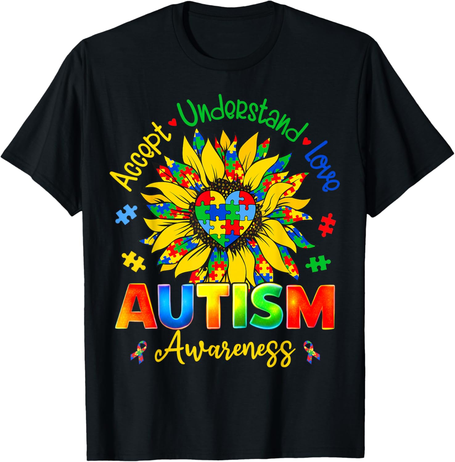 Autism Awareness Sunflower Men Women Kids Autism Sunflower T-Shirt - T-Shirt | Black