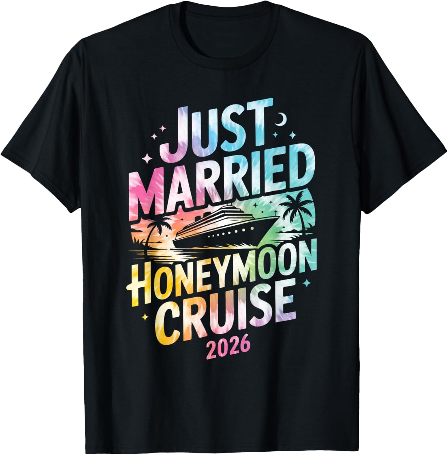 Just Married Honeymoon Cruise 2026 Trip Retro Tie Dye T-Shirt - T-Shirt | Black