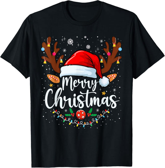 Merry Christmas Red Santa Hat Reindeer Xmas Matching Family T-Shirt - T-Shirt | Black
