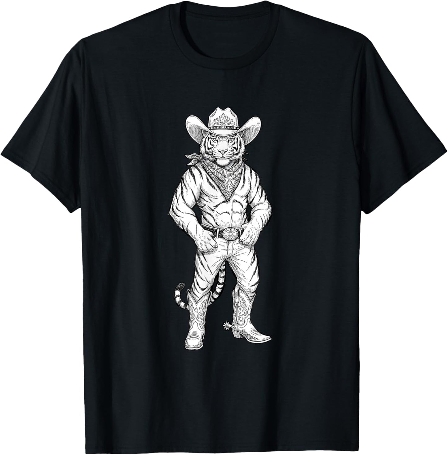 Howdy Tiger Cowboy Western Country Vintage Sketch Art T-Shirt - T-Shirt | Black