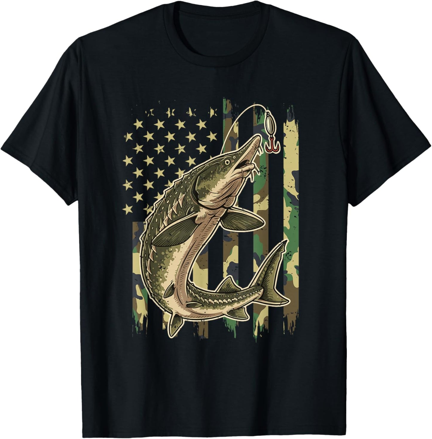 Vintage Sturgeon Fishing Camo American Flag Fisherman T-Shirt - T-Shirt | Black
