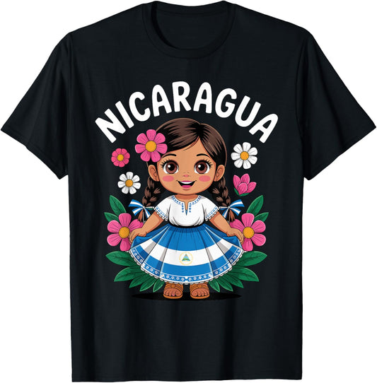 Cute Nicaragua Girl Traditional Dress with Flag Art for Kids T-Shirt - T-Shirt | Black