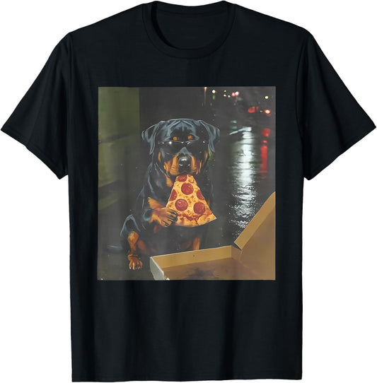 Dog Eating Pizza Funny Rottweiler Meme T-Shirt - T-Shirt | Black