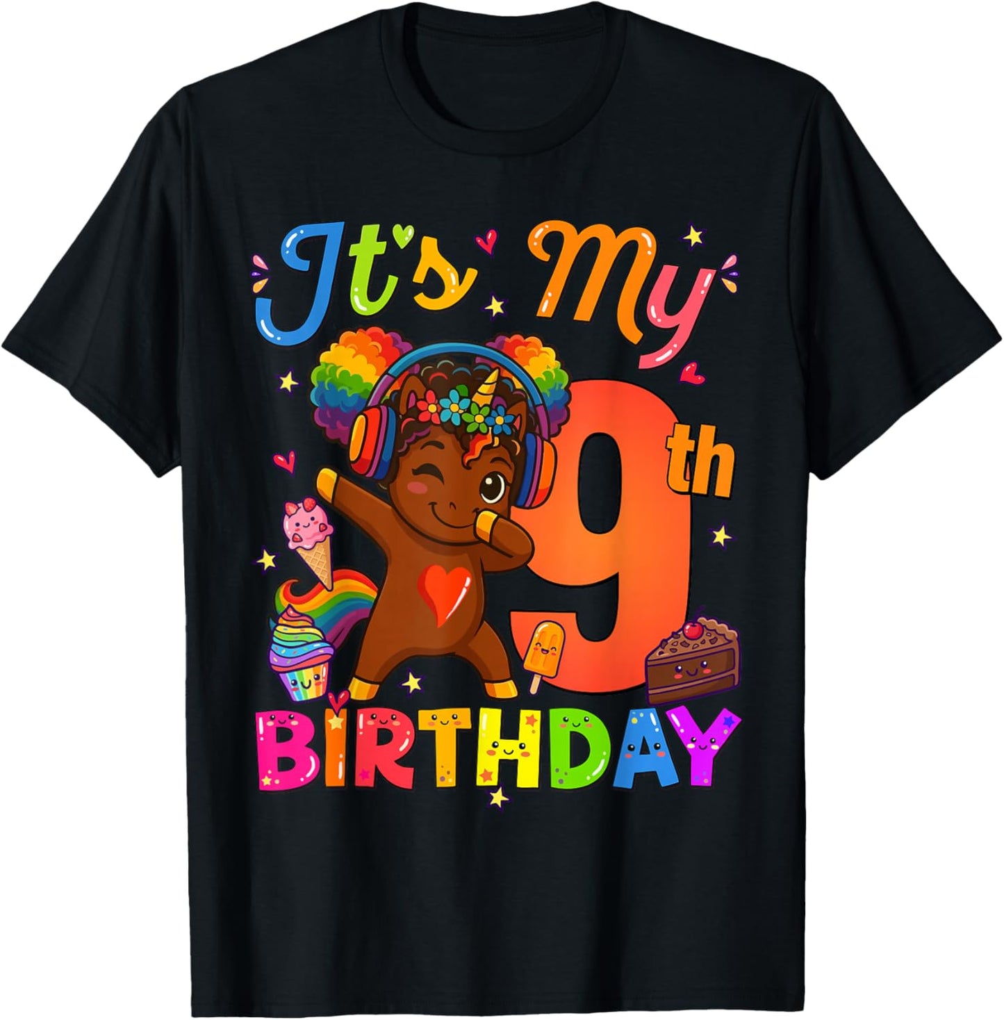 Unicorn Afro 9th Birthday Girl Natural Hair Afro American T-Shirt - T-Shirt | Black