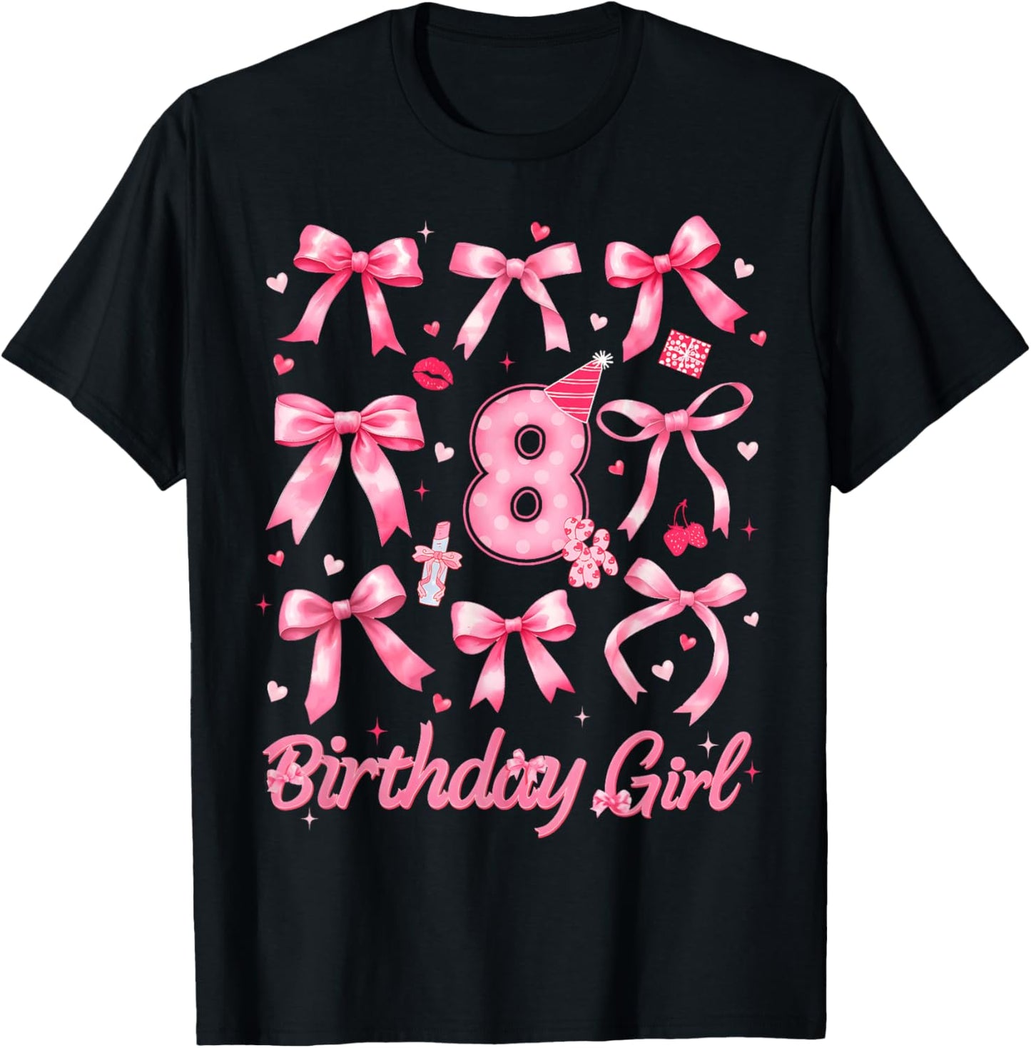 8th Birthday 8 Years Old Coquette Bow Pink Birthday Girl T-Shirt - T-Shirt | Black