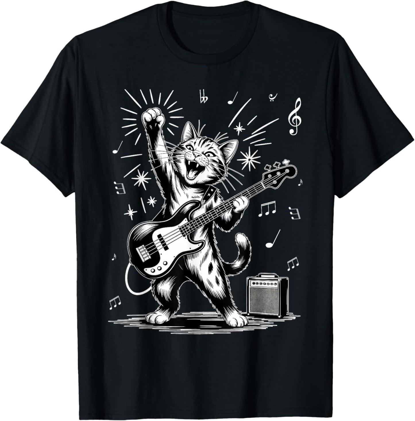 Cat Playing Bass Guitar Animal T-Shirt - T-Shirt | Black