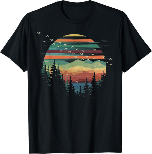 Forest Themed Retro Pine Trees Sunset Adventure Camping T-Shirt - T-Shirt | Black