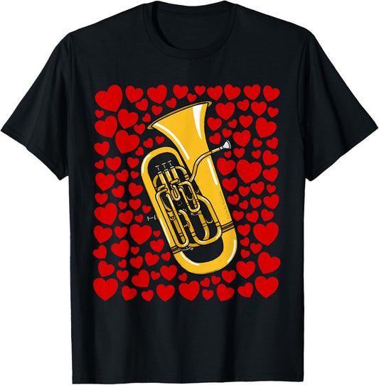 Euphonium with Hearts, Valentines Wedding Brass Musician T-Shirt - T-Shirt | Black