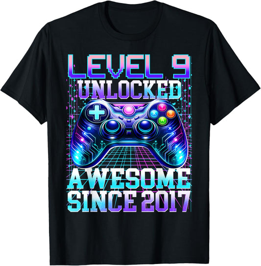 9th Birthday Boys Gamer Level 9 Unlocked Awesome 2017 Bday T-Shirt - T-Shirt | Black