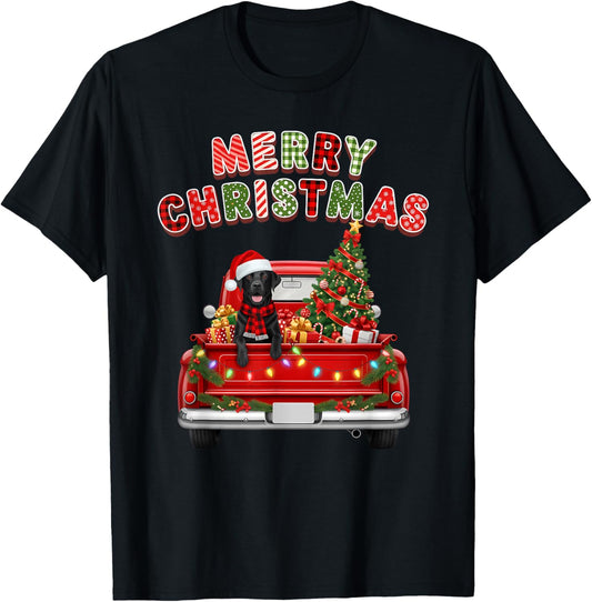 Black Lab Labrador Dog Red Truck Merry Christmas Lights Xmas T-Shirt - T-Shirt | Black