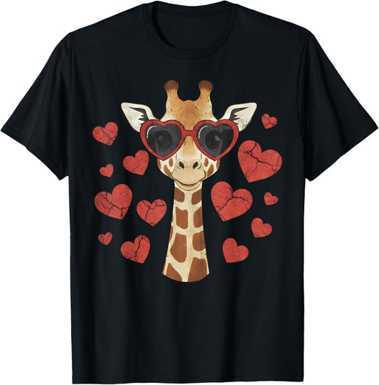 Giraffe Heart Glasses Cute Valentines Day Animal Lover T-Shirt - T-Shirt | Black