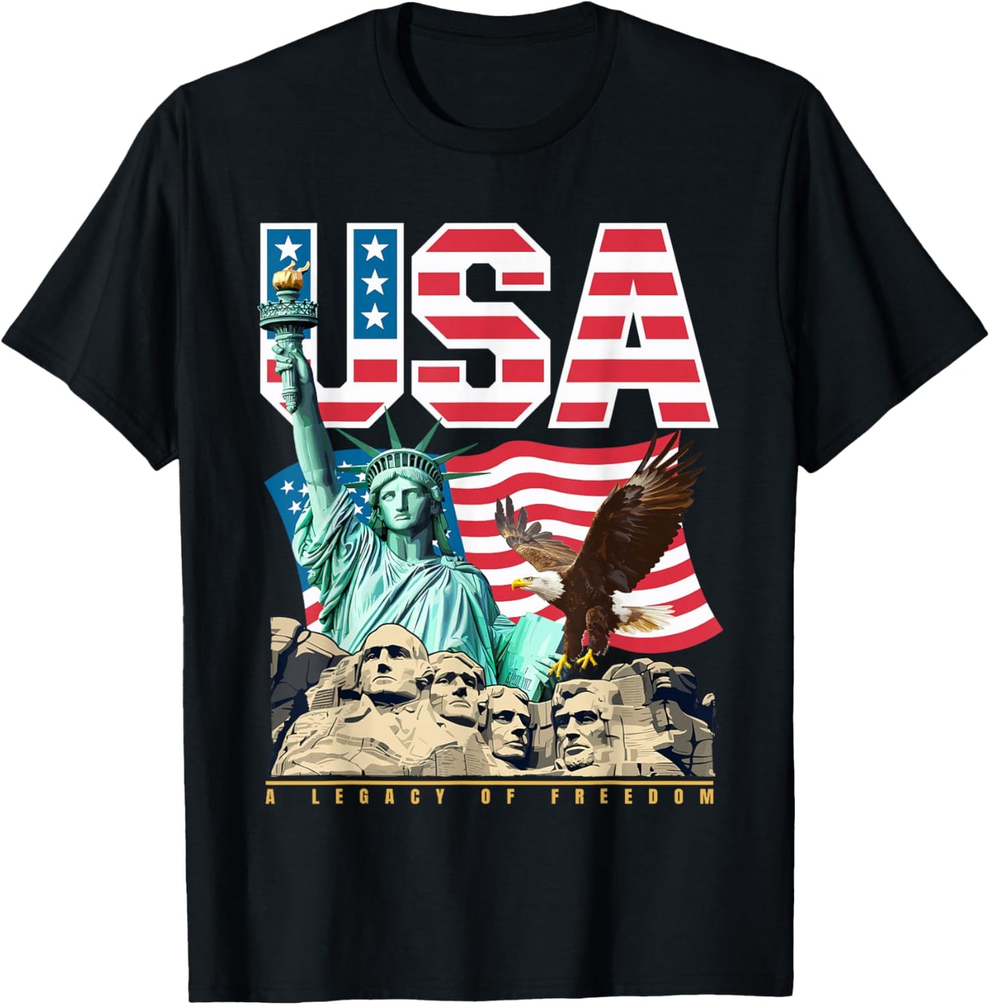 USA Patriotic Graphic Statue of Liberty Eagle Mount Rushmore T-Shirt - T-Shirt | Black