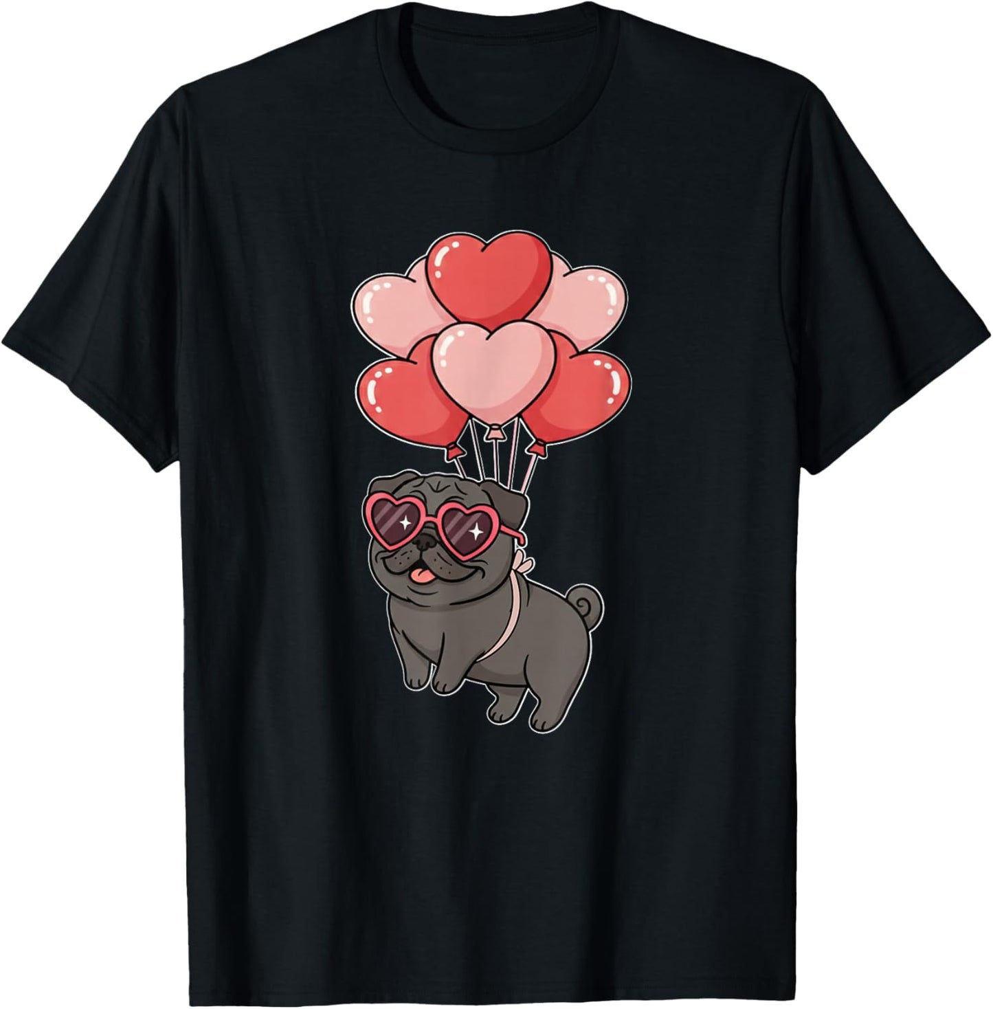 Girls Valentines Day Heart Balloons Black Pug Lover T-Shirt - T-Shirt | Black