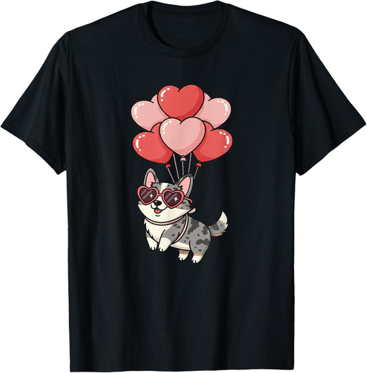 Valentines Day Heart Balloons Blue Merle Cardigan Corgi Dog T-Shirt - T-Shirt | Black
