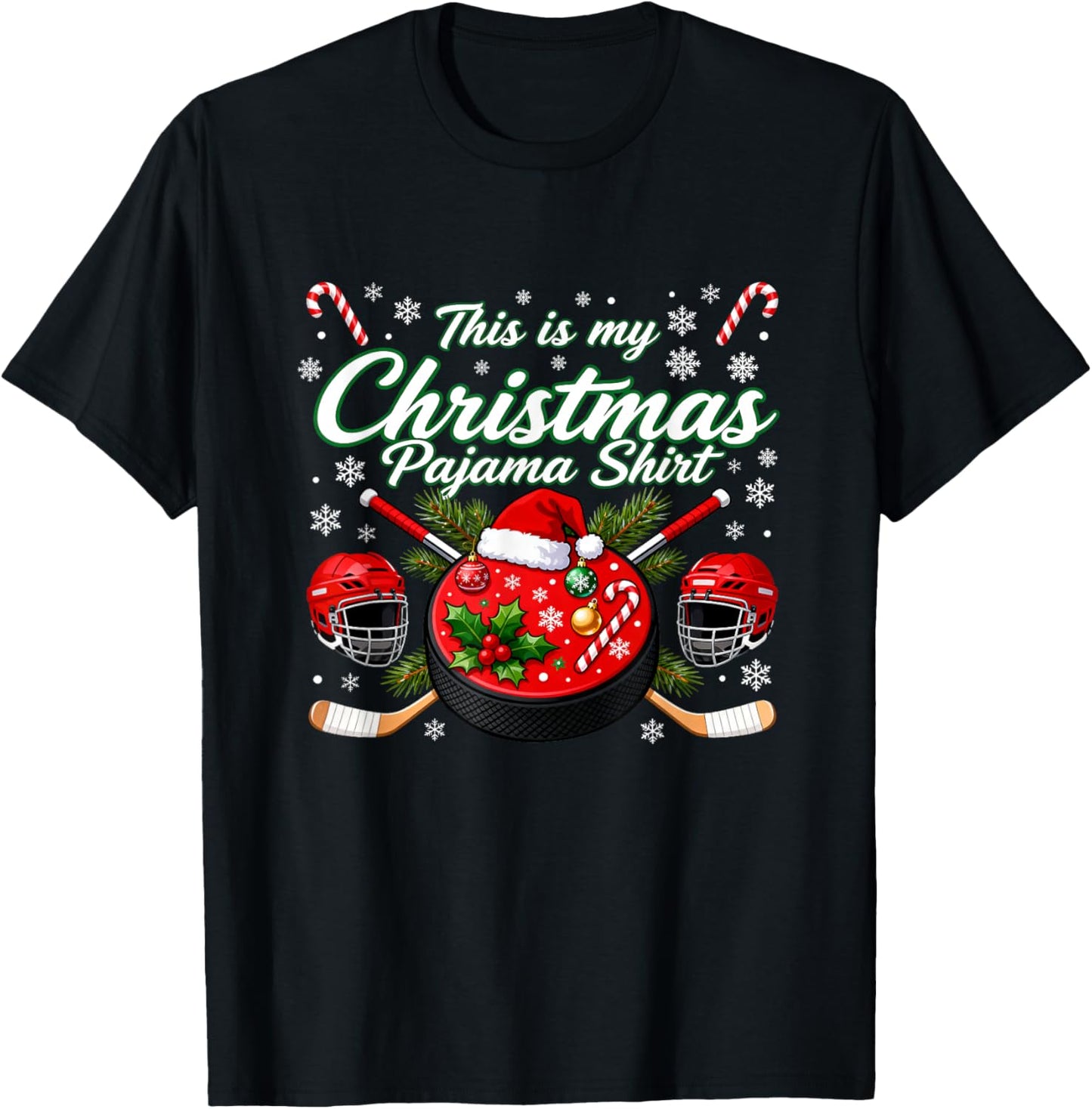Play Ice Hockey Santa Christmas Team Pajama T-Shirt - T-Shirt | Black