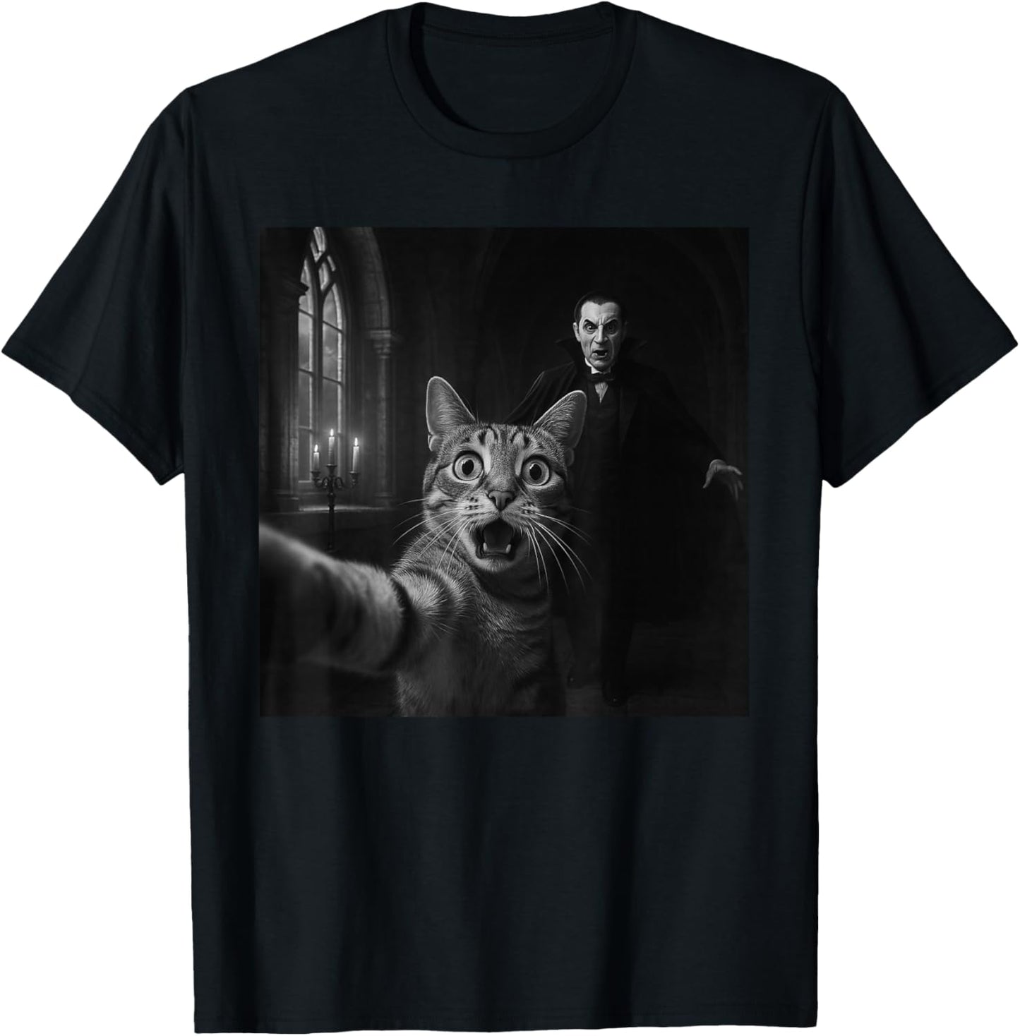 Funny Halloween Surprised Scared Cat Selfie Dracula Vampire T-Shirt - T-Shirt | Black