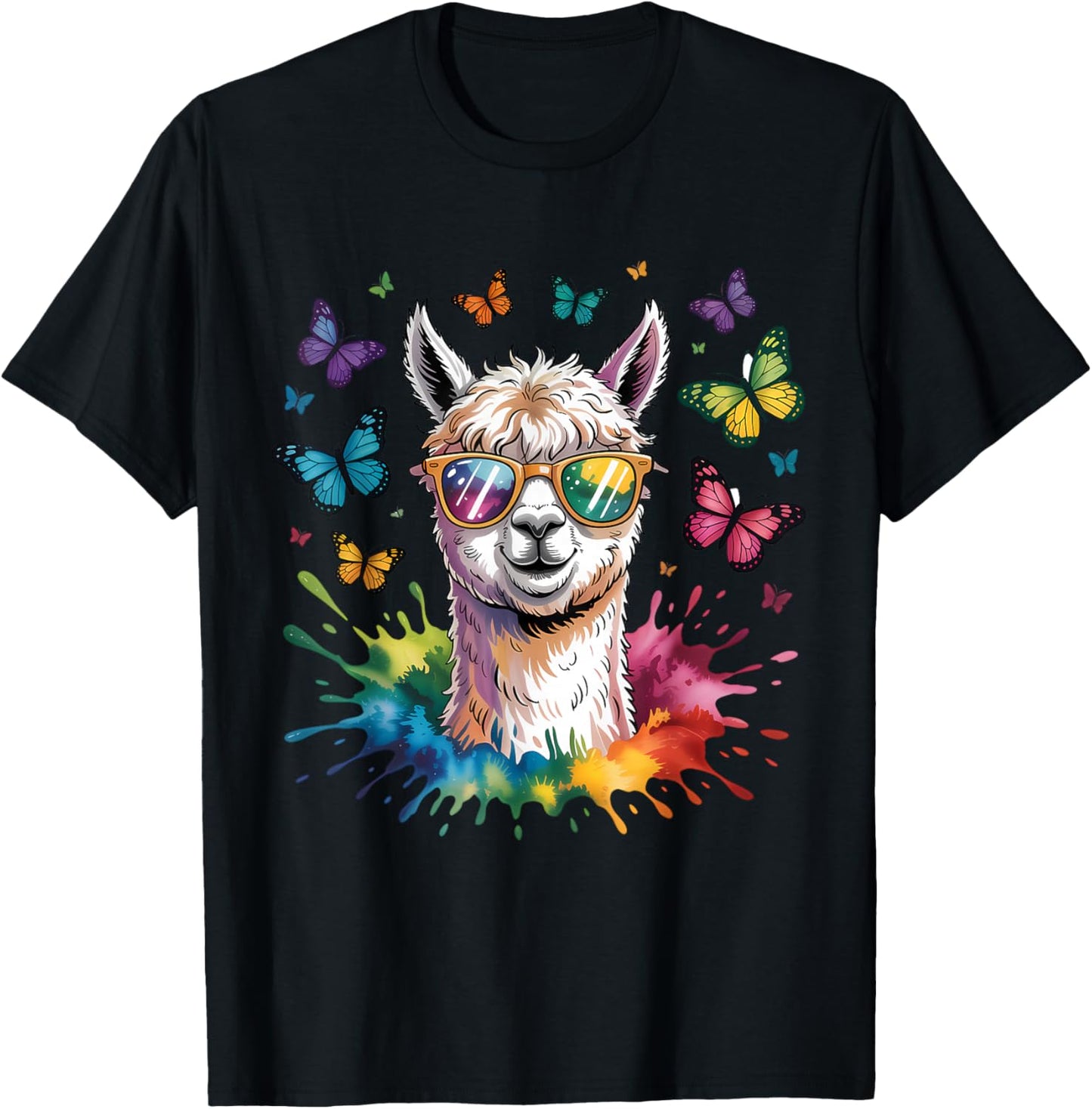 Cute Llama with Sunglasses Animal Art Graphic Funny Alpaca T-Shirt - T-Shirt | Black