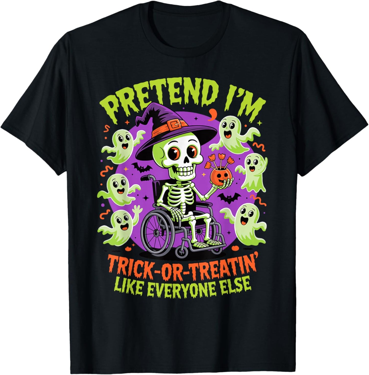 Halloween Wheelchair Costume Handicap Joke Vintage Skeleton T-Shirt - T-Shirt | Black