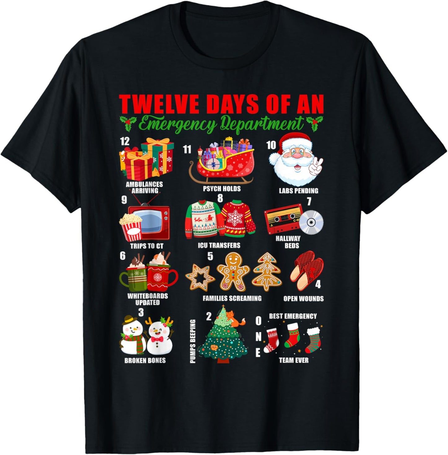 Twelve Days of an Emergency Department ED Nurse Christmas T-Shirt - T-Shirt | Black