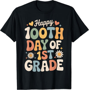 Happy 100th Day of 1st Grade Retro Hearts Flowers T-Shirt - T-Shirt | Black