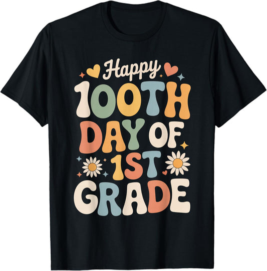 Happy 100th Day of 1st Grade Retro Hearts Flowers T-Shirt - T-Shirt | Black