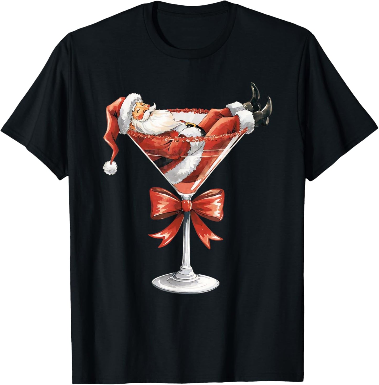 Vintage Merrier with A Martini Cocktail Santa Claus Xmas T-Shirt - T-Shirt | Black
