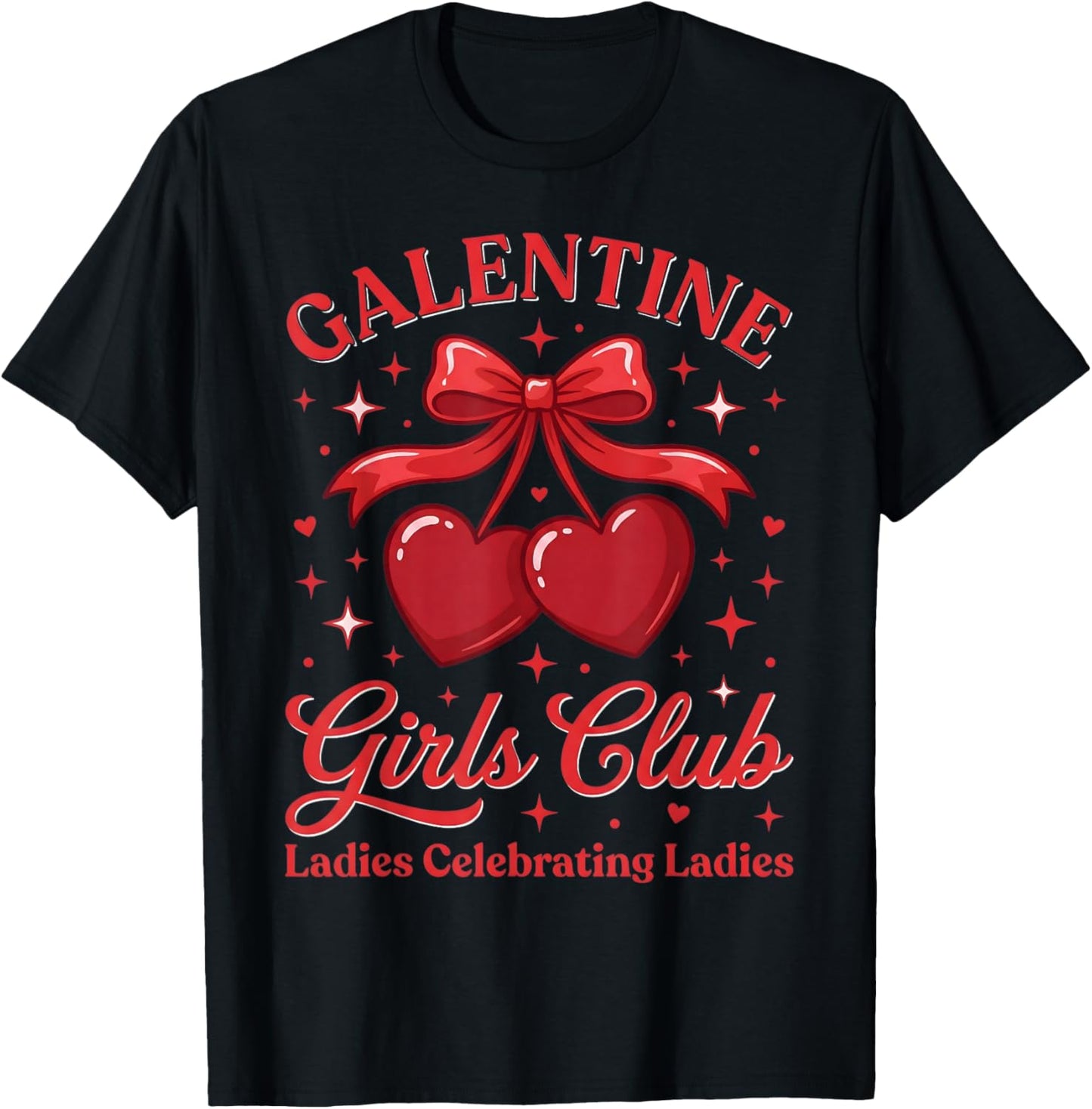 Galentine Girls Club Red Cherry Heart Bow Coquette T-Shirt - T-Shirt | Black