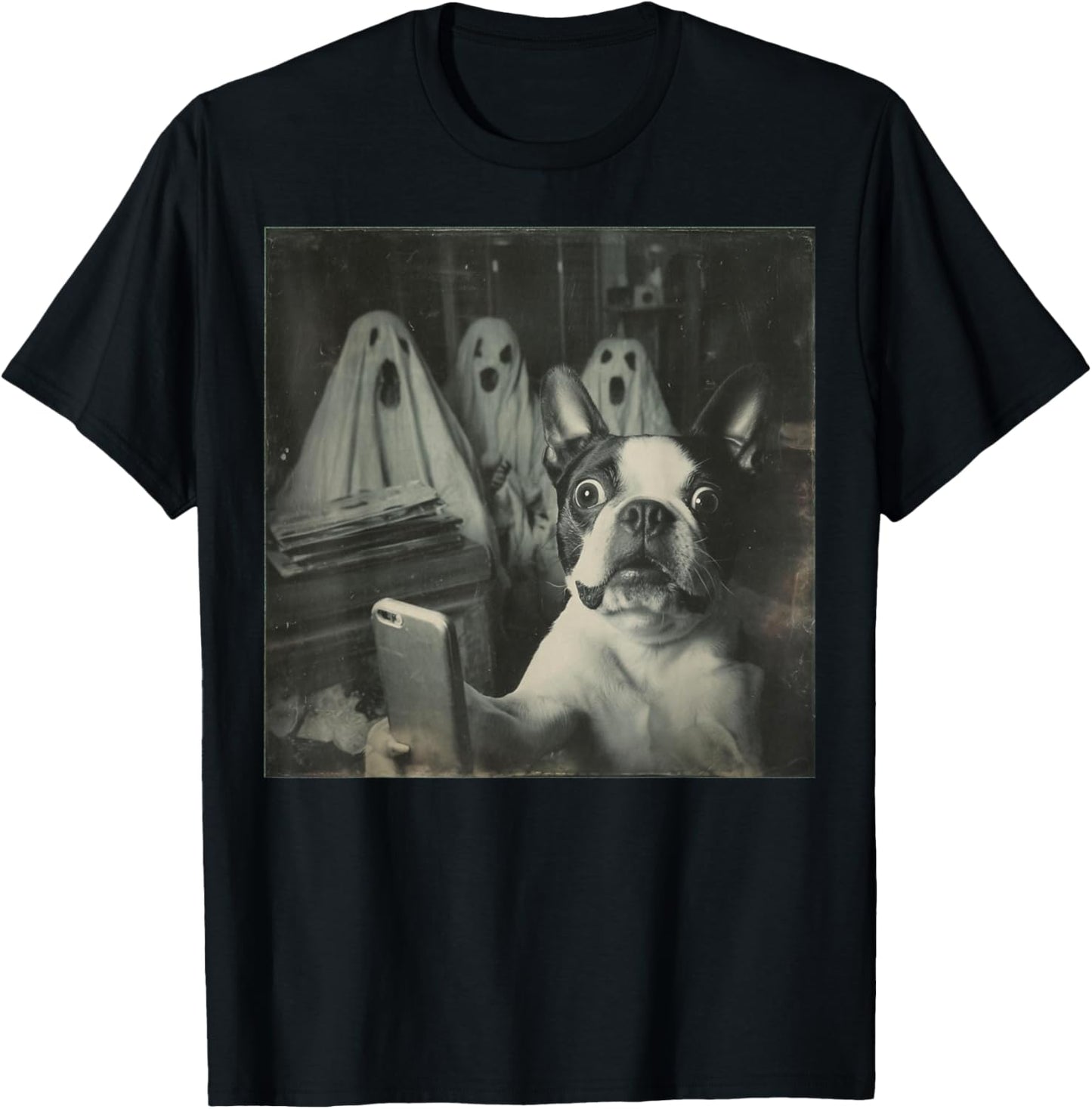 Funny Boston Terrier Selfie with Ghosts, Halloween Dog Lover T-Shirt - T-Shirt | Black