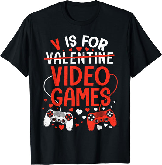 V is for Video Games Funny Valentines Gamer Boys Kids T-Shirt - T-Shirt | Black