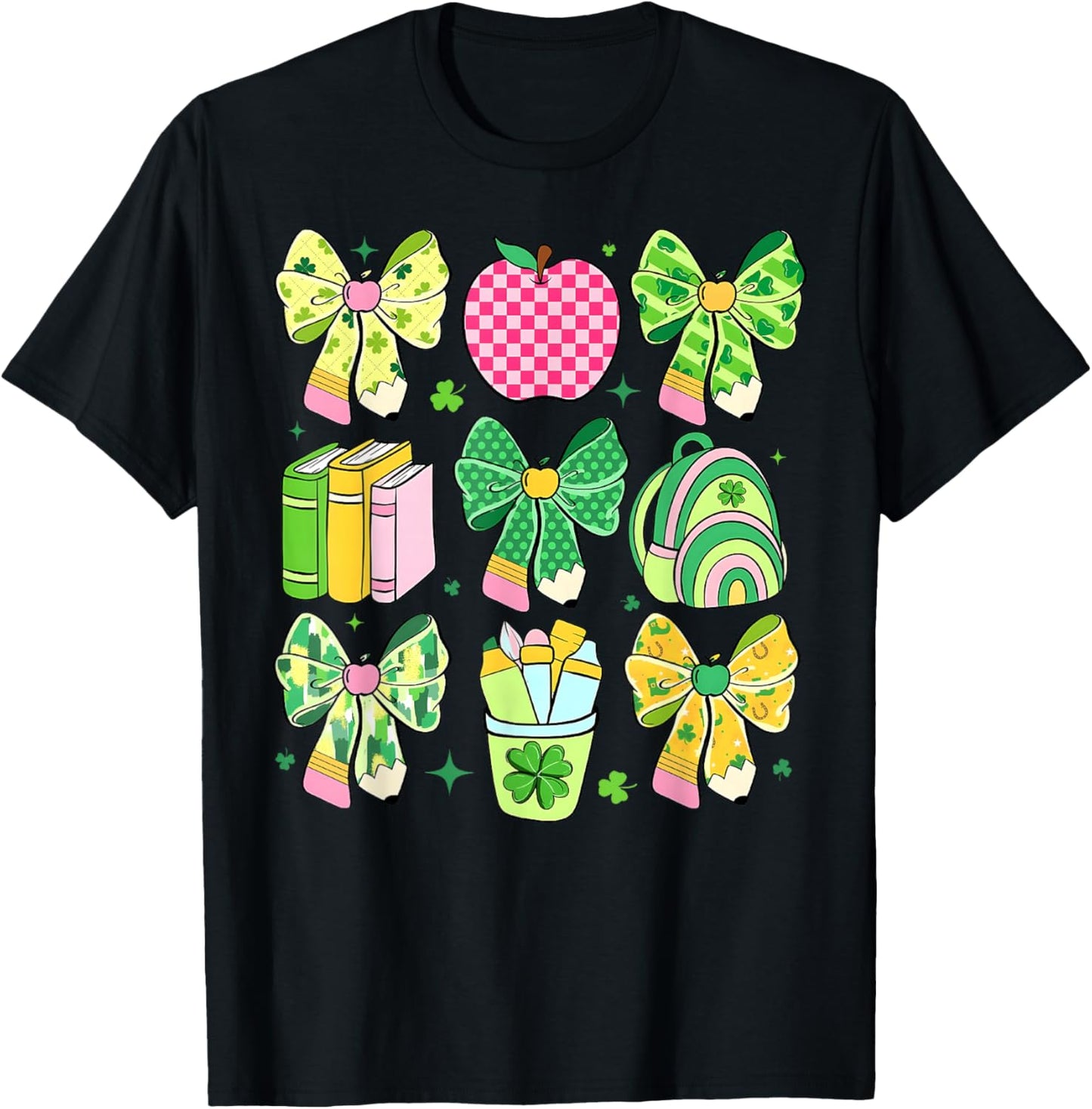Lucky Teacher St Patrick's Day Coquette Bow Book Apple T-Shirt - T-Shirt | Black