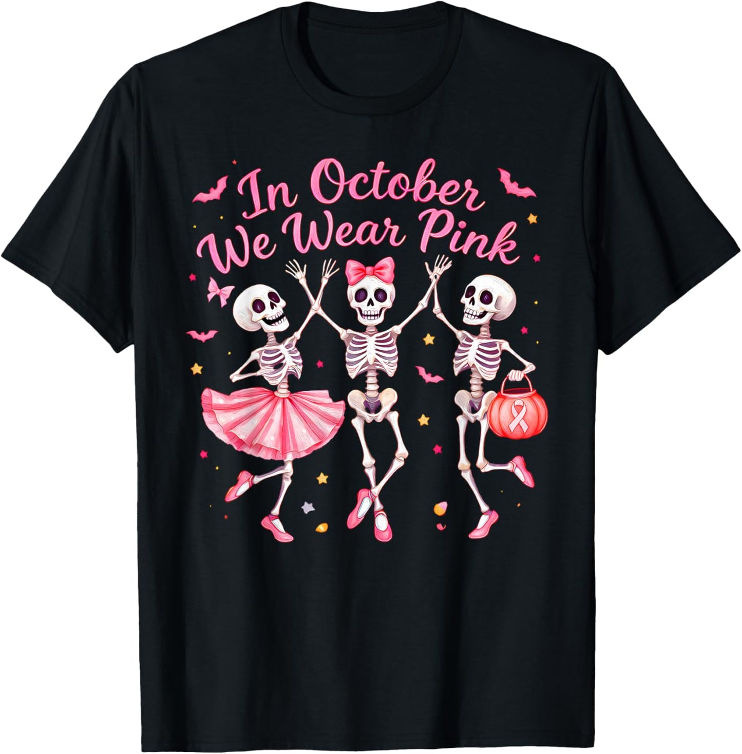 in October We Wear Pink Dancing Skeleton Breast Cancer T-Shirt - T-Shirt | Black