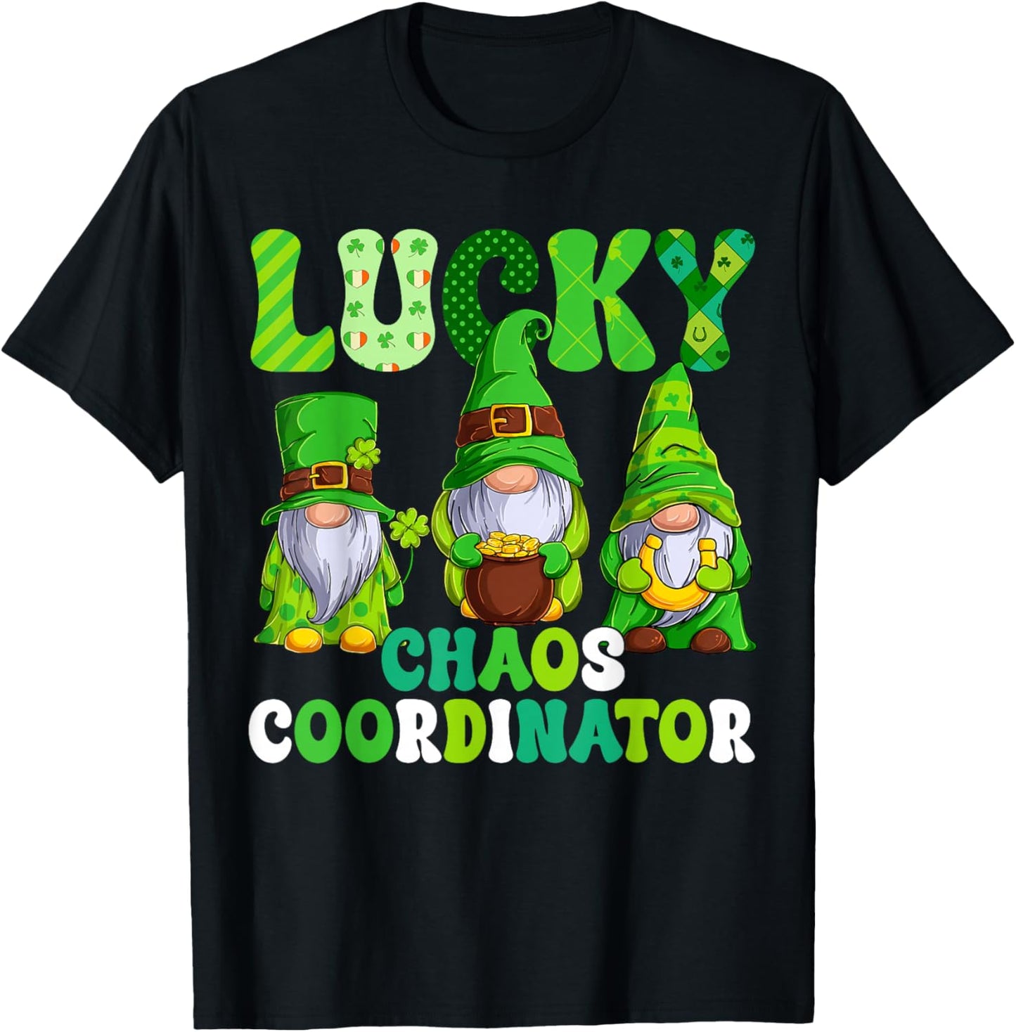 Lucky Chaos Coordinator Shamrock Leopard Gnomes Irish Women T-Shirt - T-Shirt | Black