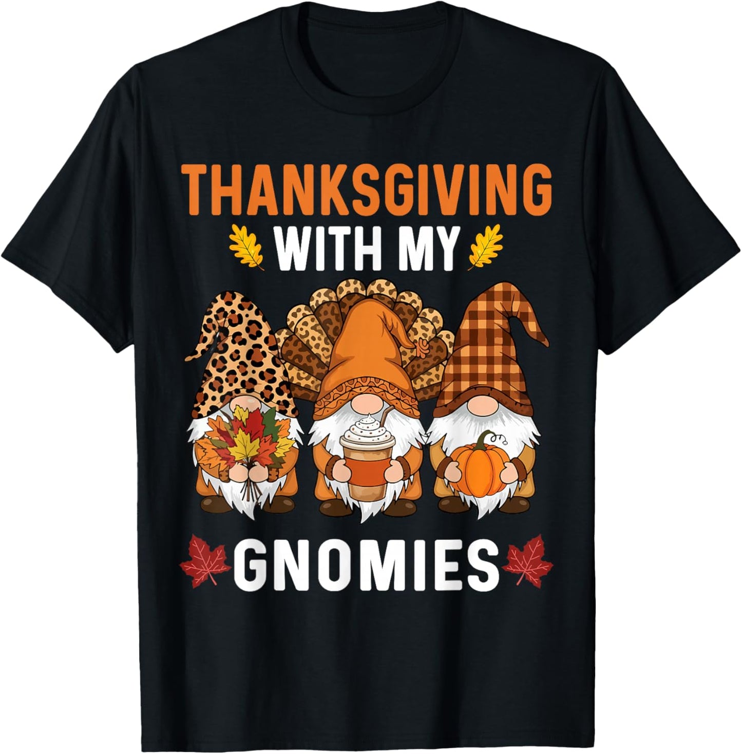Thanksgiving Women Gnome Fall Leopard Turkey Men Girls Boys T-Shirt - T-Shirt | Black