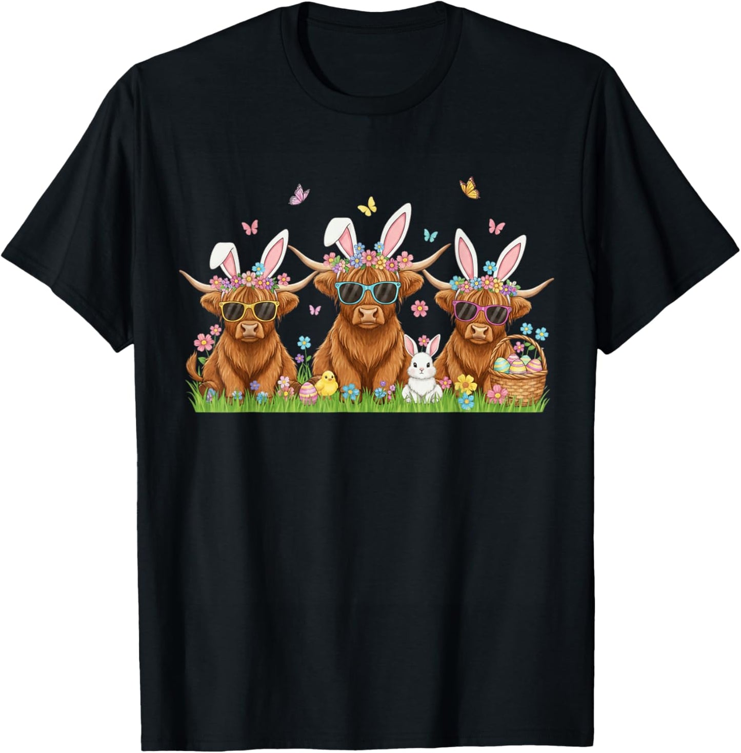 Western Easter Highland Cow Cute Bunny Cow Eggs Farmer Girls T-Shirt - T-Shirt | Black