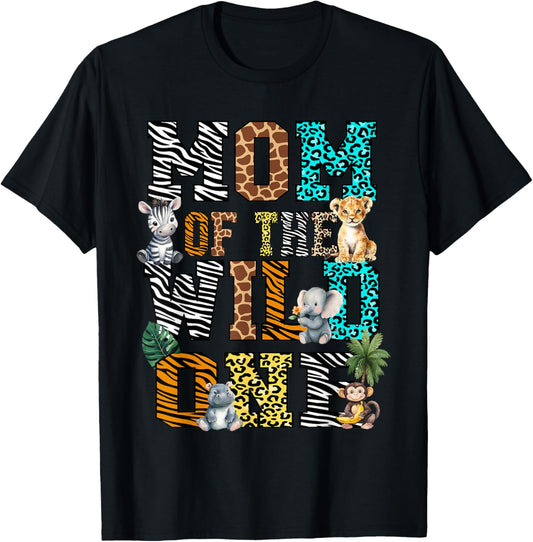 Mom of the Wild One 1st Birthday Jungle Matching Safari Kids T-Shirt - T-Shirt | Black