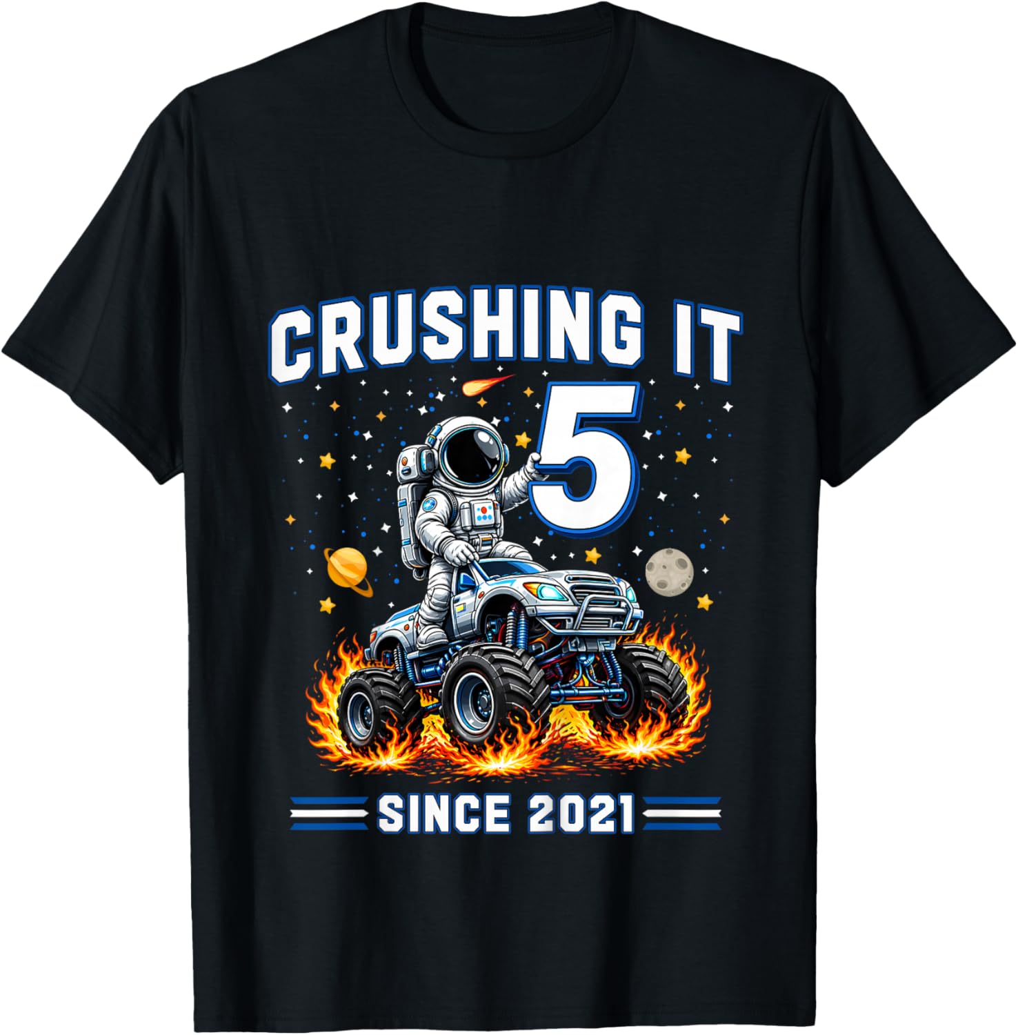 Kids 5th Birthday Monster Truck Astronaut 5 Year Old Boys Kids T-Shirt - T-Shirt | Black