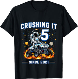 Kids 5th Birthday Monster Truck Astronaut 5 Year Old Boys Kids T-Shirt - T-Shirt | Black