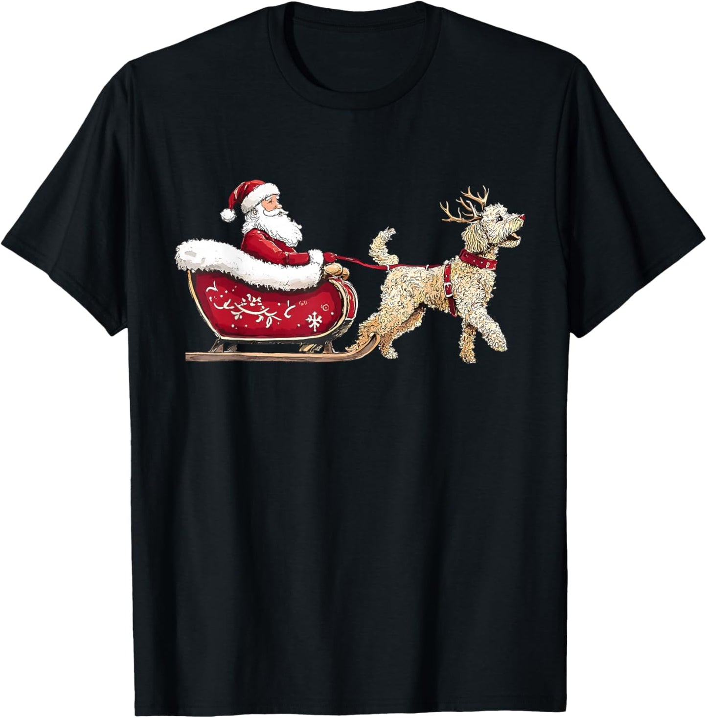 Funny Santa Claus Goldendoodle Reindeer Sleigh Christmas T-Shirt - T-Shirt | Black